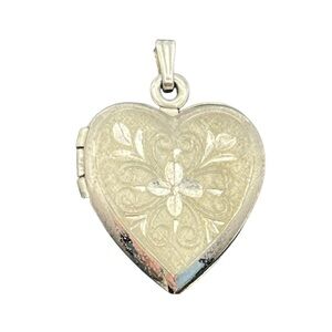 Sterling silver heart locket engraved flower pendant for necklace vintage